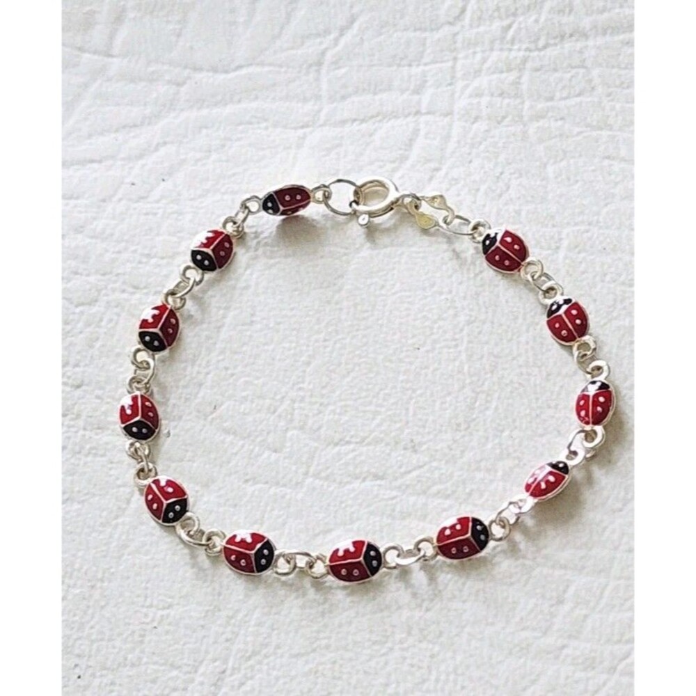 Vintage 925 Sterling Silver & Red Enamel Ladybug Link Bracelet Petite 6"